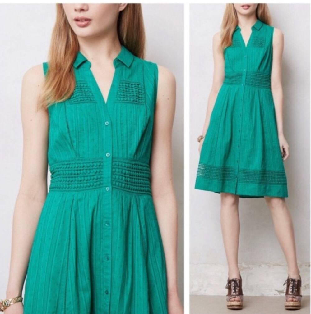 Anthropologie Maeve Green Eyelet Dress Sleeveless Size 6